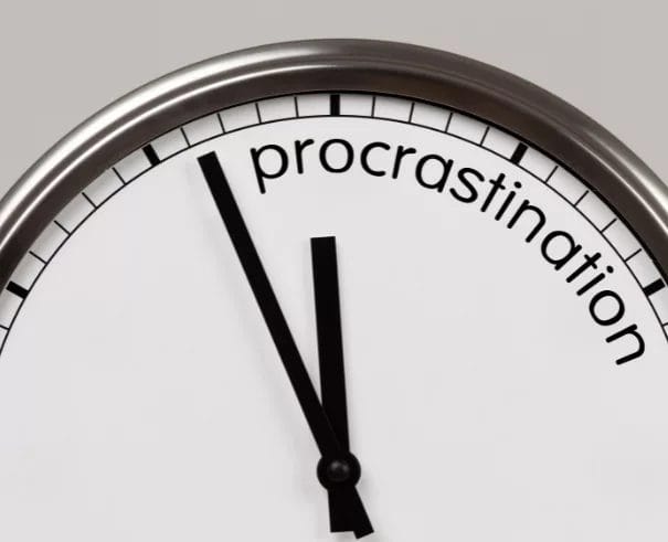 analog clock with "procrastination; Procrastination and time management Procrastination and goal setting Procrastination and perfectionism Procrastination and fear of failure Procrastination and self-esteem How to avoid procrastination